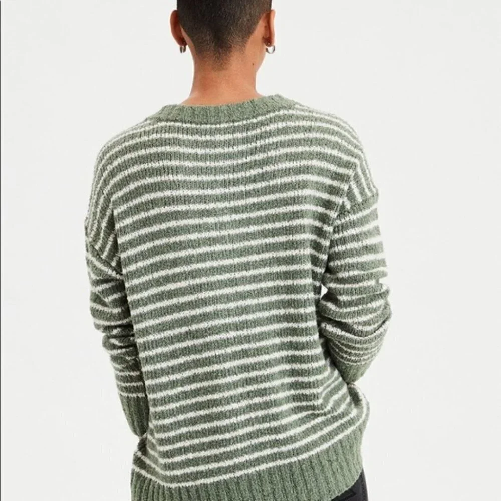 American Eagle Sweater Jegging Fit Oversized Striped Pullover Henley Boxy Top L